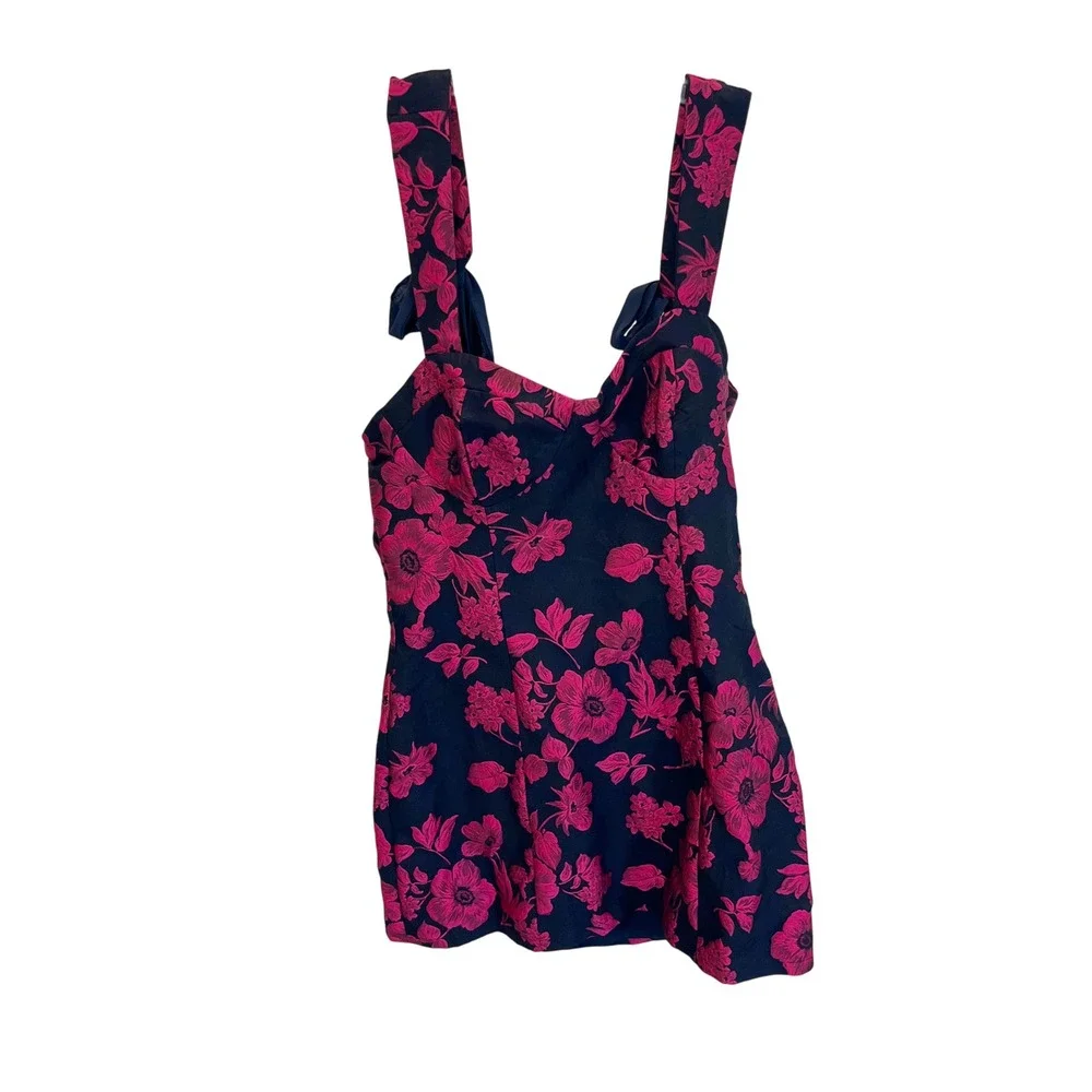 Lulus Lovely Intuition Jacquard Tie-Strap Mini Dress Navy Pink Floral - MEDIUM - Picture 2 of 9